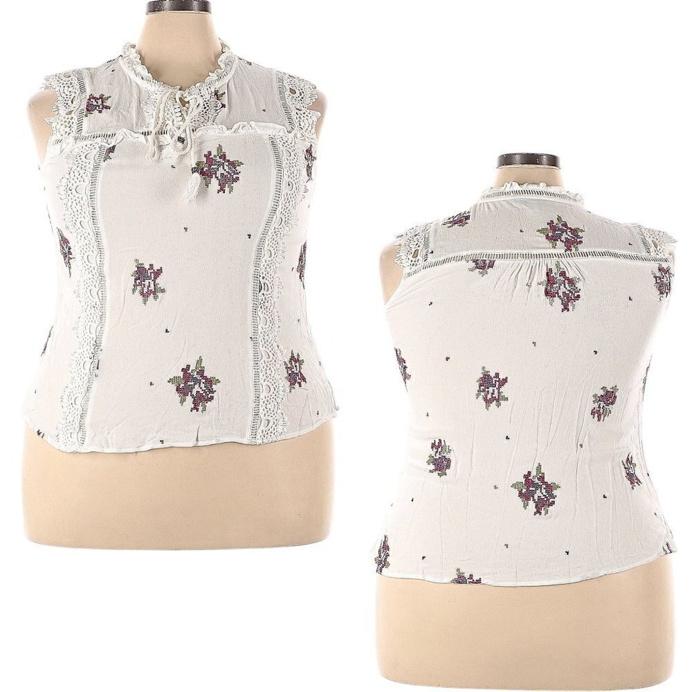 PALE SKY Boho Cross-Stitched White Embroidered Sleeveless Hi-Low Blouse size XXL - Picture 1 of 8